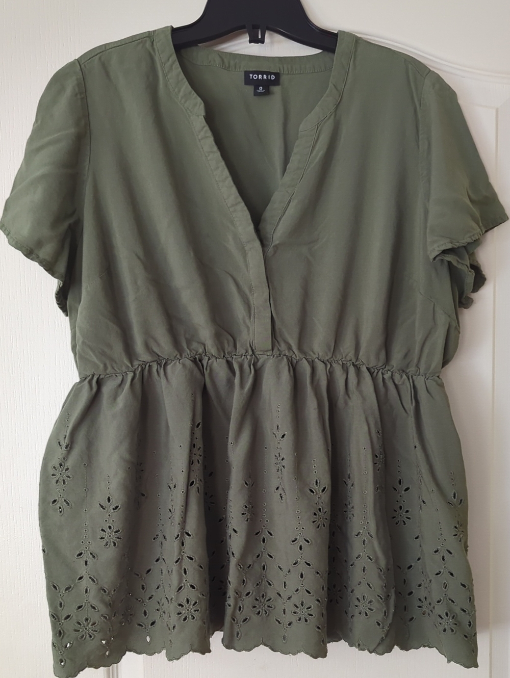 Torrid Olive Eyelet Peplum V-Neck Blouse